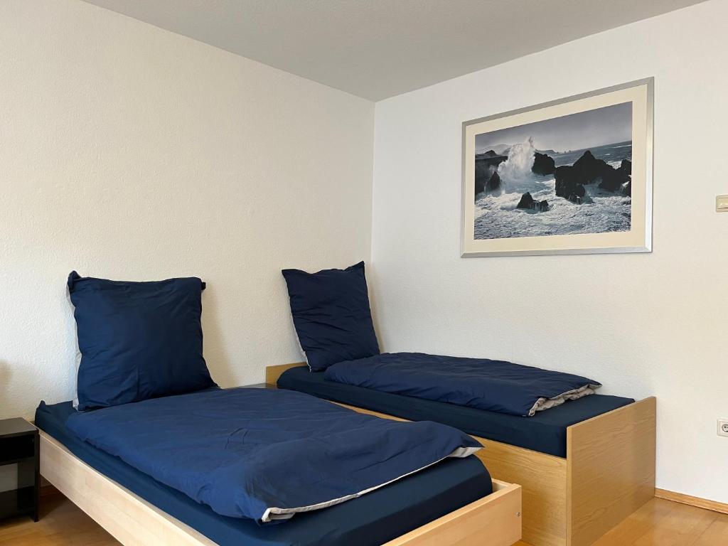 two beds in a room with blue pillows at Beishan Appartements Nürnberg in Nürnberg