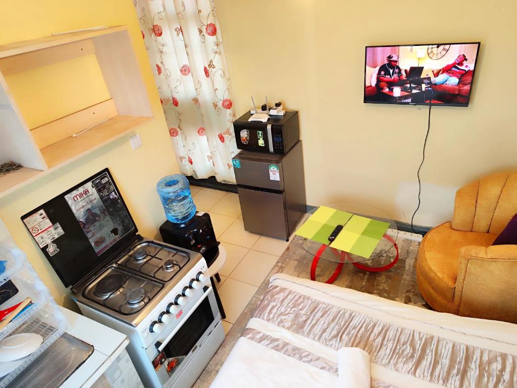 a small living room with a stove and a tv at The Little Haven - Ample Parking, Views & Netflix in Kikuyu