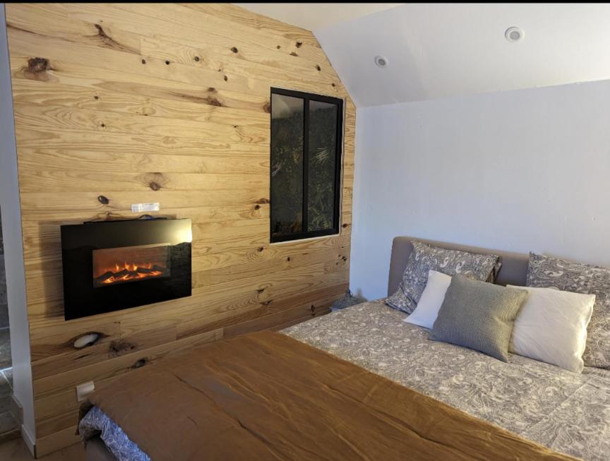 - une chambre dotée d'un mur en bois et d'une cheminée dans l'établissement Duplex Lomy vue sur le port avec Sauna-balneo-5mn plage, à Pléneuf-Val-André