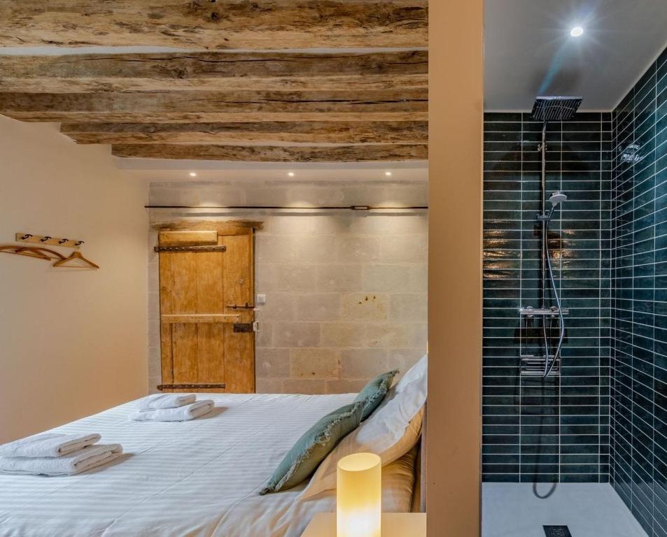 a bedroom with a bed and a glass shower at Gîte Apolise in Saint-Rémy-la-Varenne