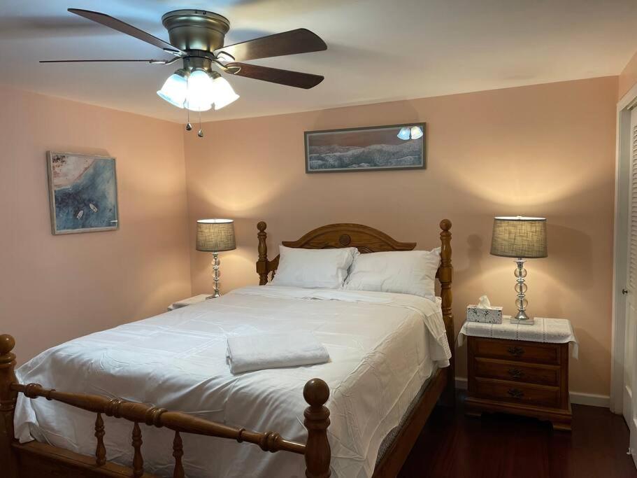 um quarto com uma cama e uma ventoinha de tecto em Gorgeous Williamsville Home in Central Location em Buffalo