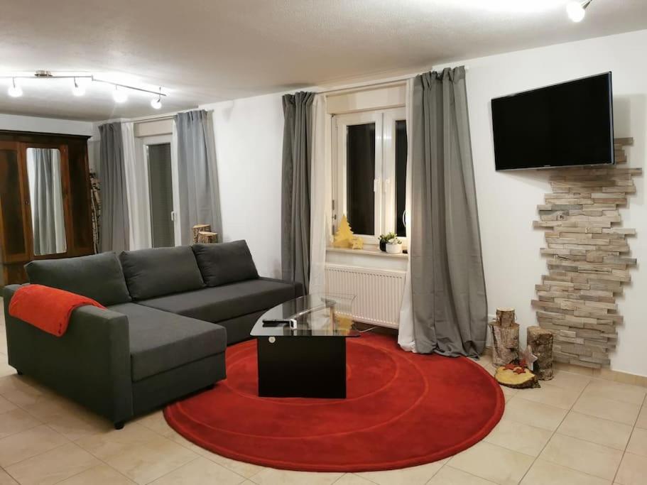 a living room with a couch and a red rug at [R]Auszeit in Nittendorf