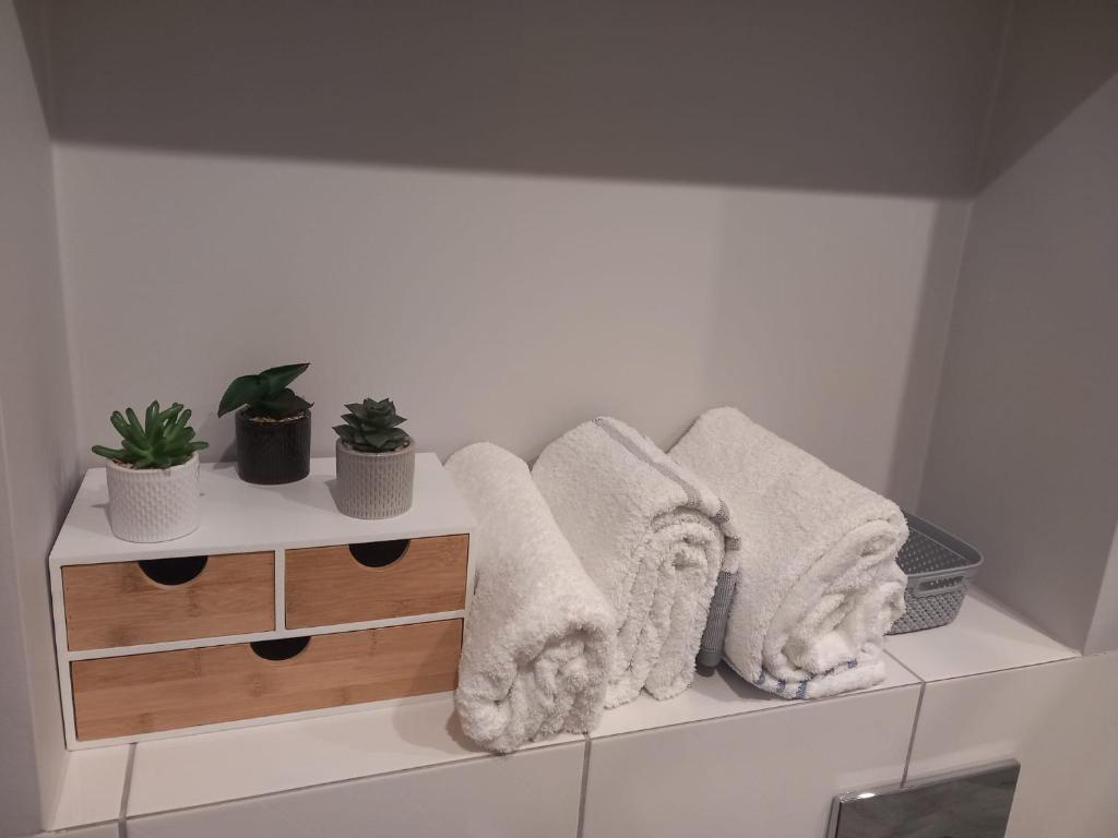 a row of towels on a shelf in a bathroom at Apartament Dominik in Głuszyca
