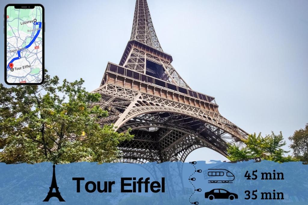 einen Blick auf den Eiffelturm mit Toureffekt in der Unterkunft L'escale CDG Astérix Park d'exposition in Louvres