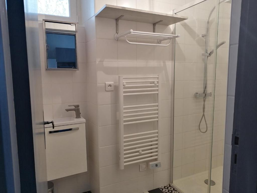 y baño con ducha con lavabo y puerta de ducha acristalada. en Au petit logement, en Soncourt-sur-Marne