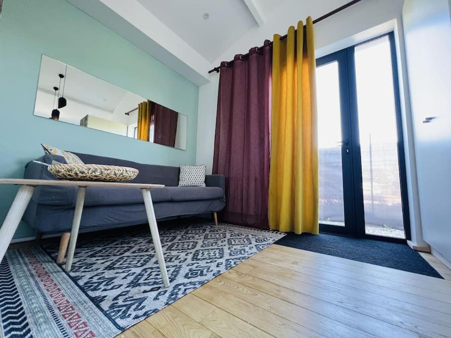 un salon avec un canapé bleu et une fenêtre dans l'établissement Cottage poétique entre vignes, Loire et moulin, à Divatte sur Loire