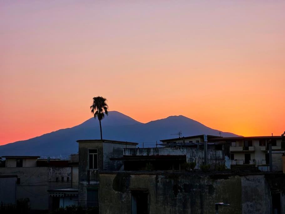 uma palmeira em frente a uma montanha ao pôr do sol em Casa vacanze L'Arco em Striano