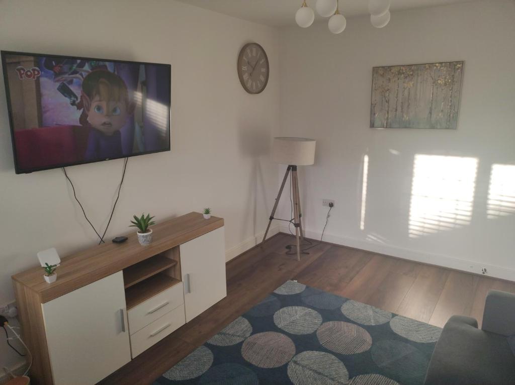 a living room with a flat screen tv on a wall at House in Great Barr, with parking and garden in Birmingham