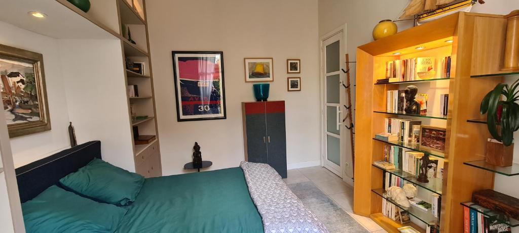 salon z kanapą i półką na książki w obiekcie Suite indépendante avec 1 chambre et 1 bureau w Montpellier
