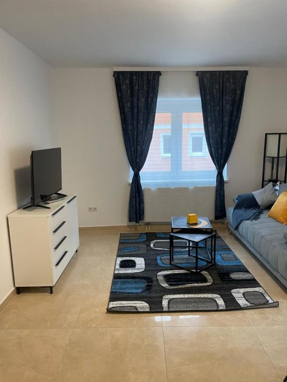 ein Wohnzimmer mit einem Sofa, einem TV und einem Teppich in der Unterkunft SEOS in Graz