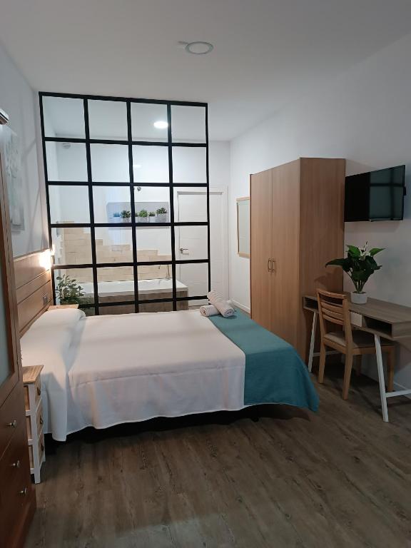 Un dormitorio con una cama y un escritorio y una ventana. en Apartamentos turisticos Avila Puerta de San Vicente 0-2, en Ávila
