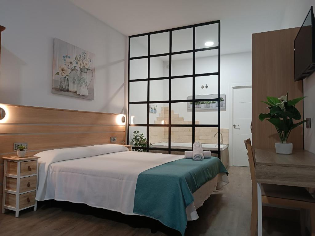 a bedroom with a bed and a large window at Apartamentos turisticos Avila Puerta de San Vicente 0-2 in Avila