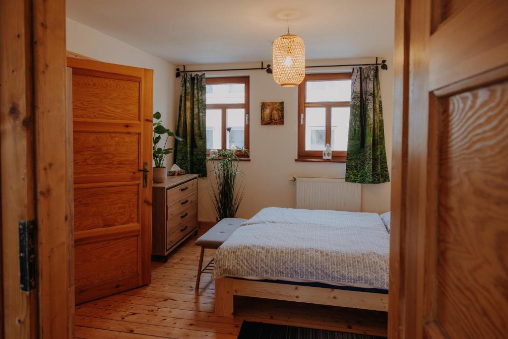 1 dormitorio con 1 cama, vestidor y ventanas en Ferienwohnung Wanderslust zentral in Ilmenau, en Ilmenau