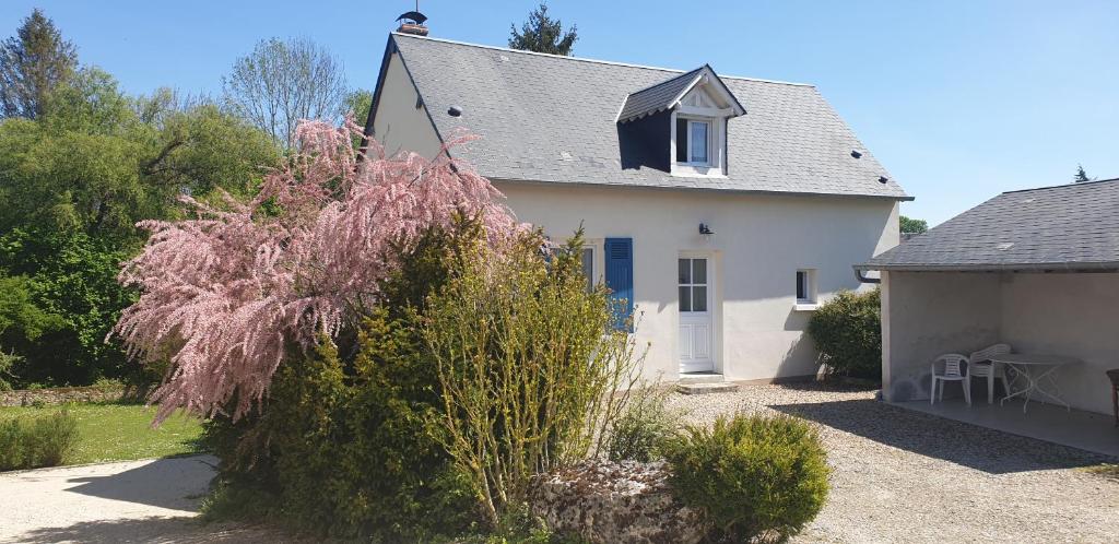 een wit huis met een paarse boom ervoor bij Gîte Le Fruitier Beaugency in Beaugency