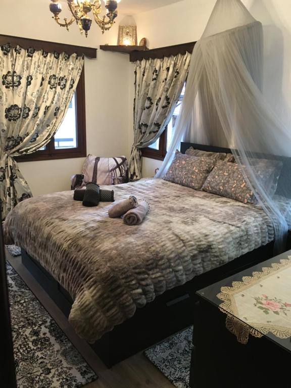 a bedroom with a bed with a canopy at AGAPI’S HOUSE in Metsovo