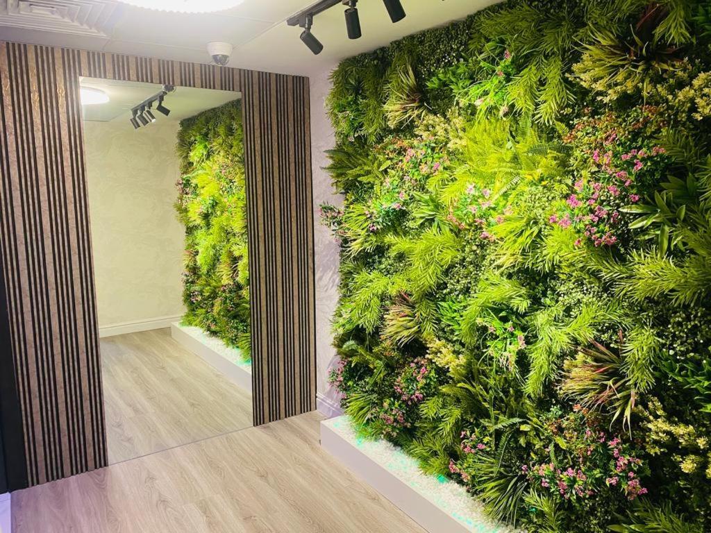 a room with a green wall with plants and flowers at The Hosteller in Dubai