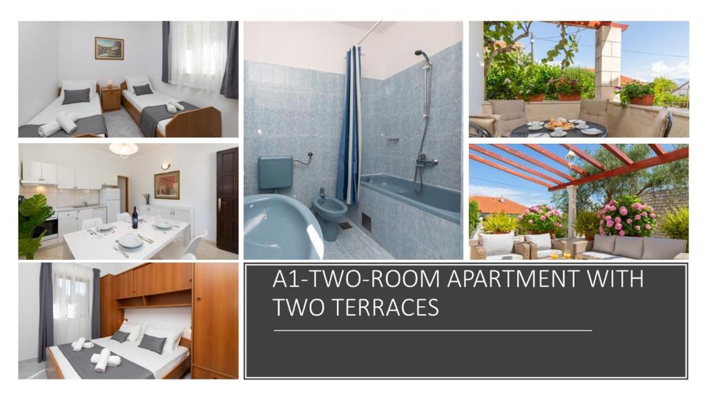 uma colagem de quatro fotos de um apartamento com dois temas em APARTMENTS4YOU SUPETAR-the BEST and MOST POPULAR apartments for DISCOVERING the island em Supetar