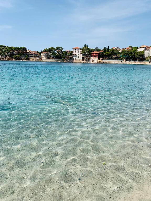 une grande masse d'eau bleue avec des bâtiments en arrière-plan dans l'établissement Studio climatisé hypercentre Bandol et Plages, à Bandol