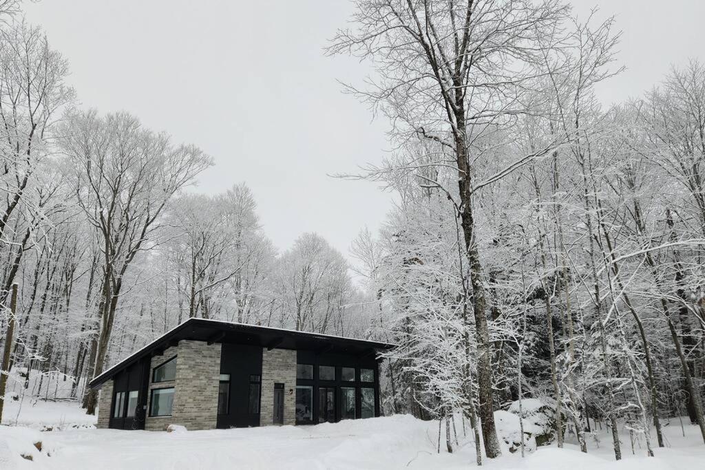una cabaña en el bosque con nieve en los árboles en Chalet FEU en pleine nature à Tremblant., en Lac-Supérieur