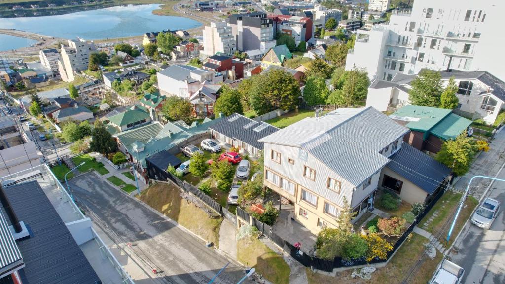 an aerial view of a city with buildings at Hosteria Sloggett in Ushuaia