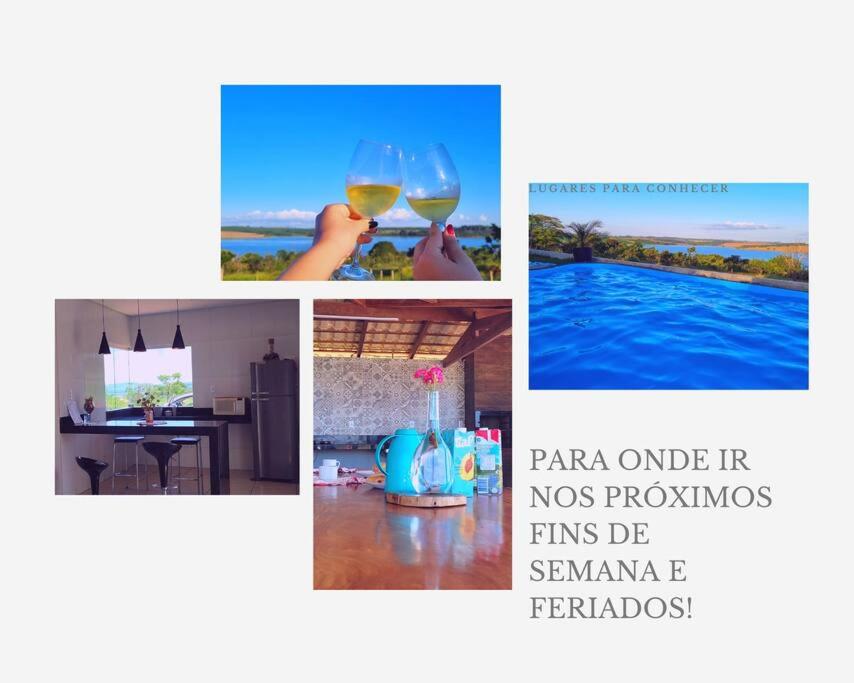 un collage de photos avec des verres à vin et une piscine dans l'établissement Casa completa -prox Capitólio, Sto Hilário, Piment, à Pimenta