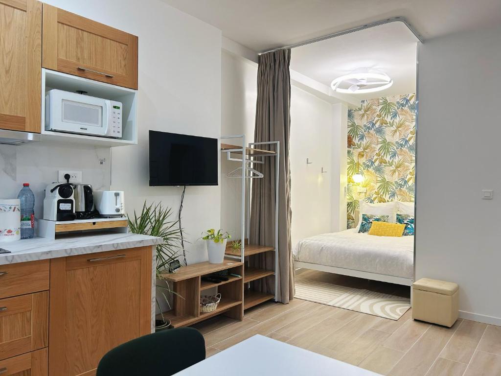 een keuken en een slaapkamer met een bed in een kamer bij Cosy Louvre in Parijs