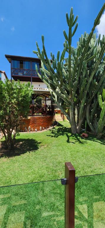 une clôture devant une maison avec un cactus dans l'établissement Belíssima casa de campo na serra em Gravatá PE, à Gravatá