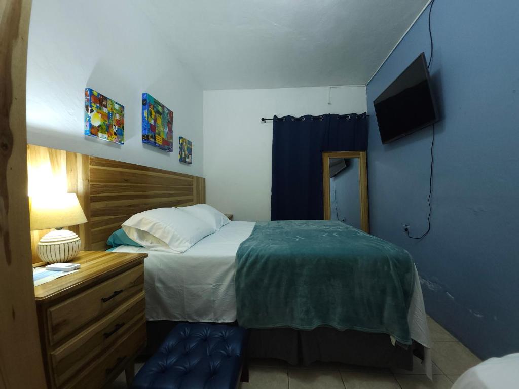 Dormitorio con cama, escritorio y TV en Apart Eco Estudio Joocah, en Trujillo