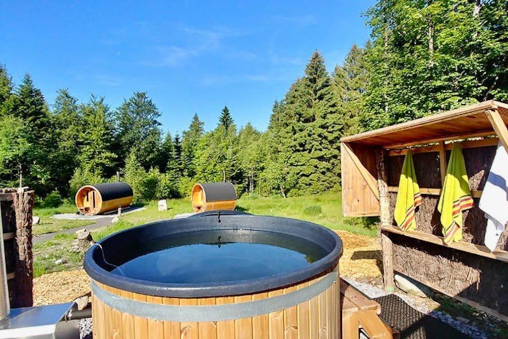 una bañera de hidromasaje en un patio junto a un bosque en Le Grand Loup, appartement neuf avec bain nordique, en Gerbépal