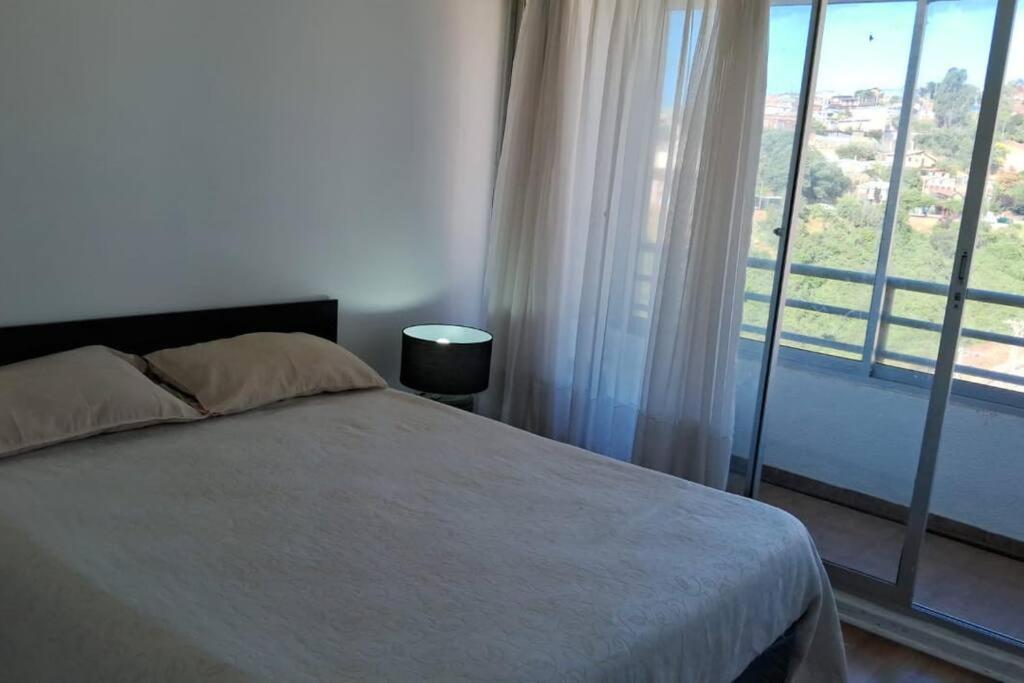 比尼亞德爾馬的住宿－Viña del Mar desde lo alto，一间卧室设有一张床和一个大窗户