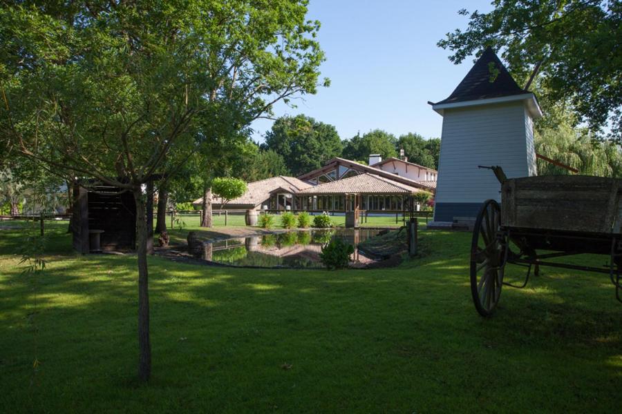 un parc avec une calèche tirée par des chevaux et une maison dans l'établissement Hôtel La Ferme d'En Chon, à Biscarrosse