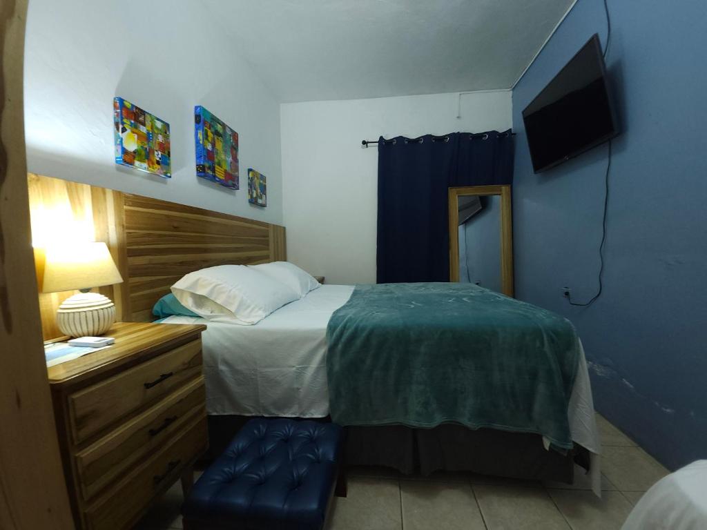 Dormitorio con cama, escritorio y TV en Apart Eco Estudio Joocah en Trujillo