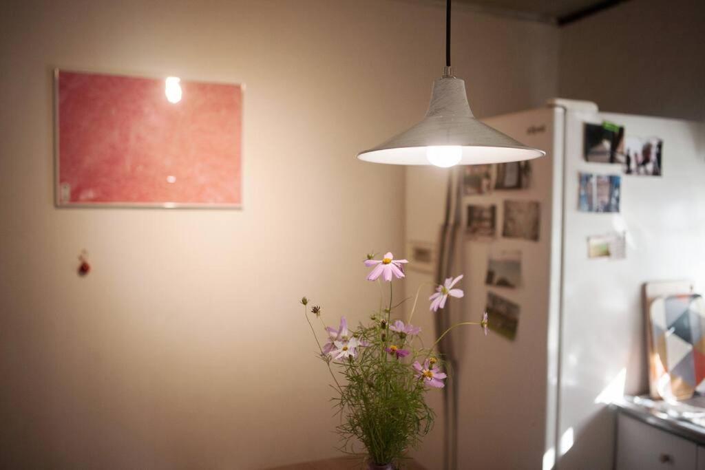 a pendant light with a vase of flowers next to a refrigerator at Good In Beach_ Lovely Place in Pyoseon (Haevichi) in Seogwipo