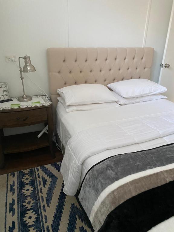 ein Schlafzimmer mit einem Bett und einem Tisch mit einer Lampe in der Unterkunft Broadway Apartment in West Wyalong