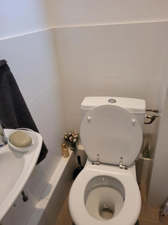 a white bathroom with a toilet and a sink at L&#39;appartement Idéal 4 voyageurs in Boulogne-Billancourt