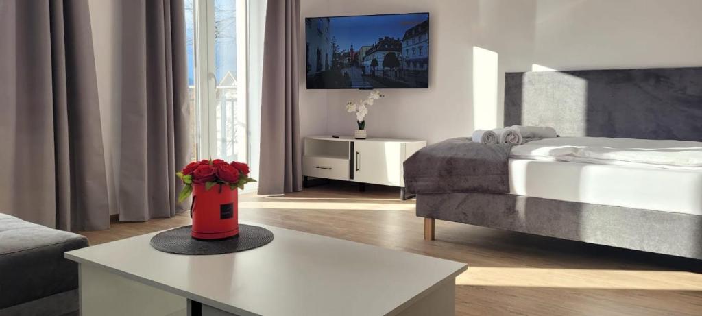 Postel nebo postele na pokoji v ubytování Kolorowe Cieplice - Apartamenty z widokiem na Karkonosze