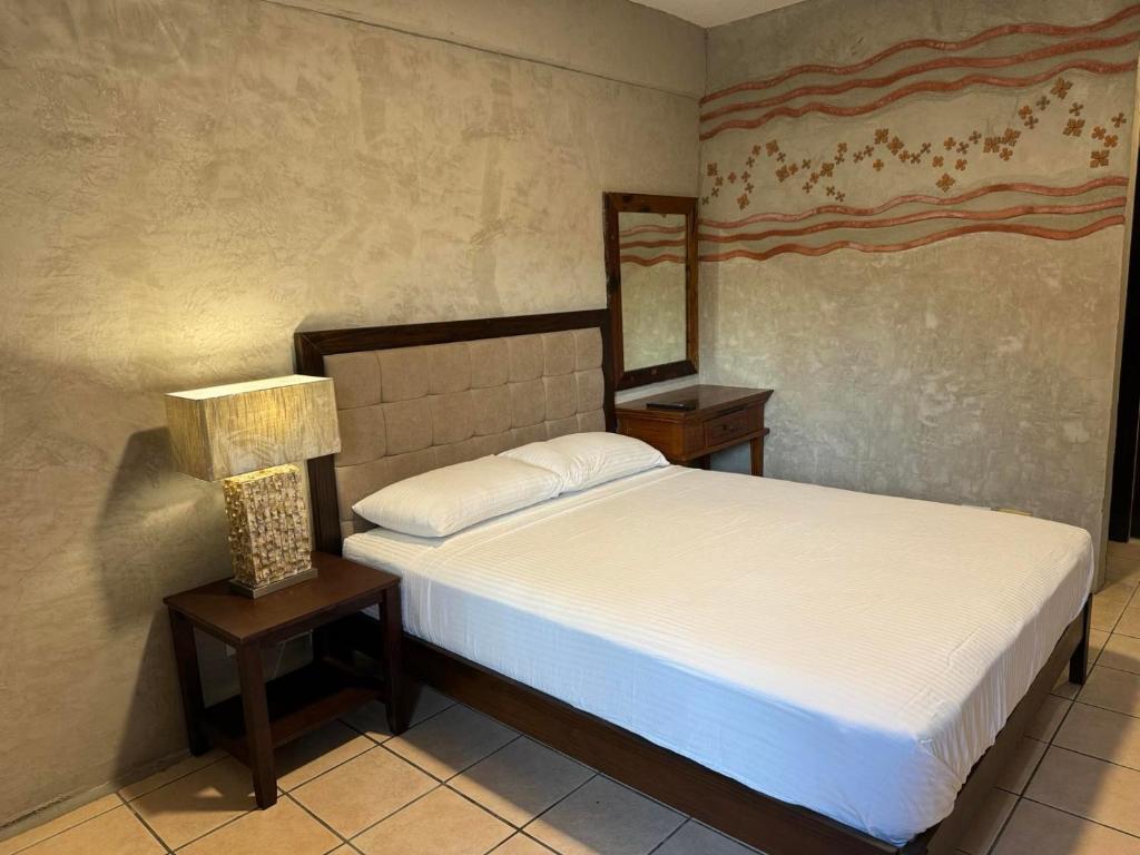 Dormitorio con cama con espejo y lámpara en Casa Patricia Hotel & Resort, en Candelaria