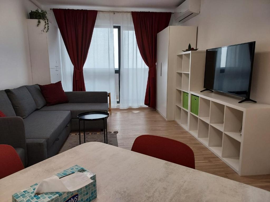 a living room with a couch and a tv at M Suites in Cluj-Napoca