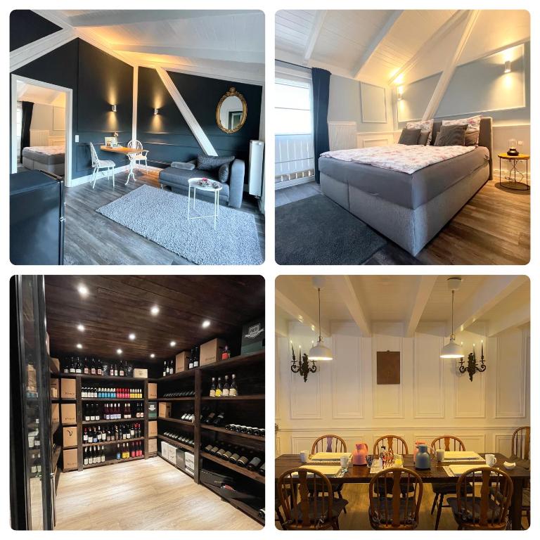 four pictures of a room with a bed and a dining room at Rosenhof-Lodge in Hanerau-Hademarschen
