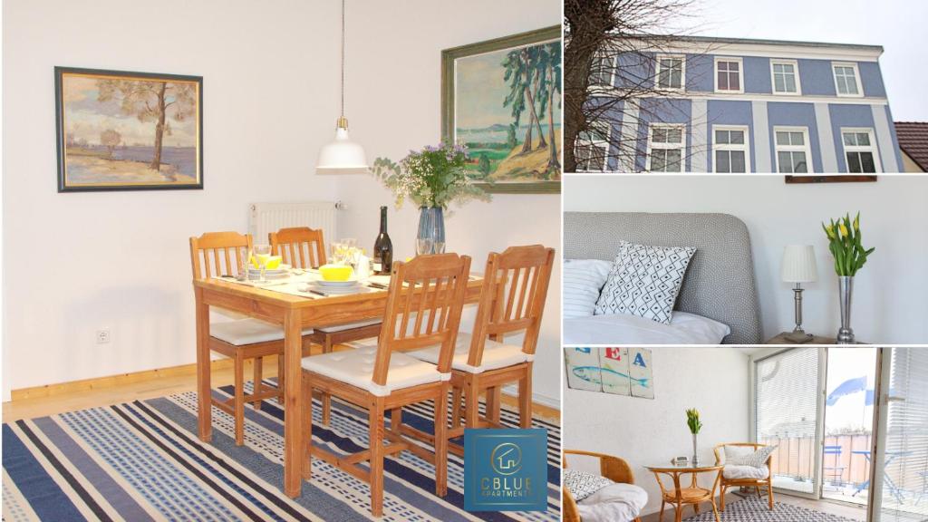 a collage of photos of a dining room with a table and chairs at CBlue "Friedrich Franz", 500 m zum Strand, zentral in Warnemünde
