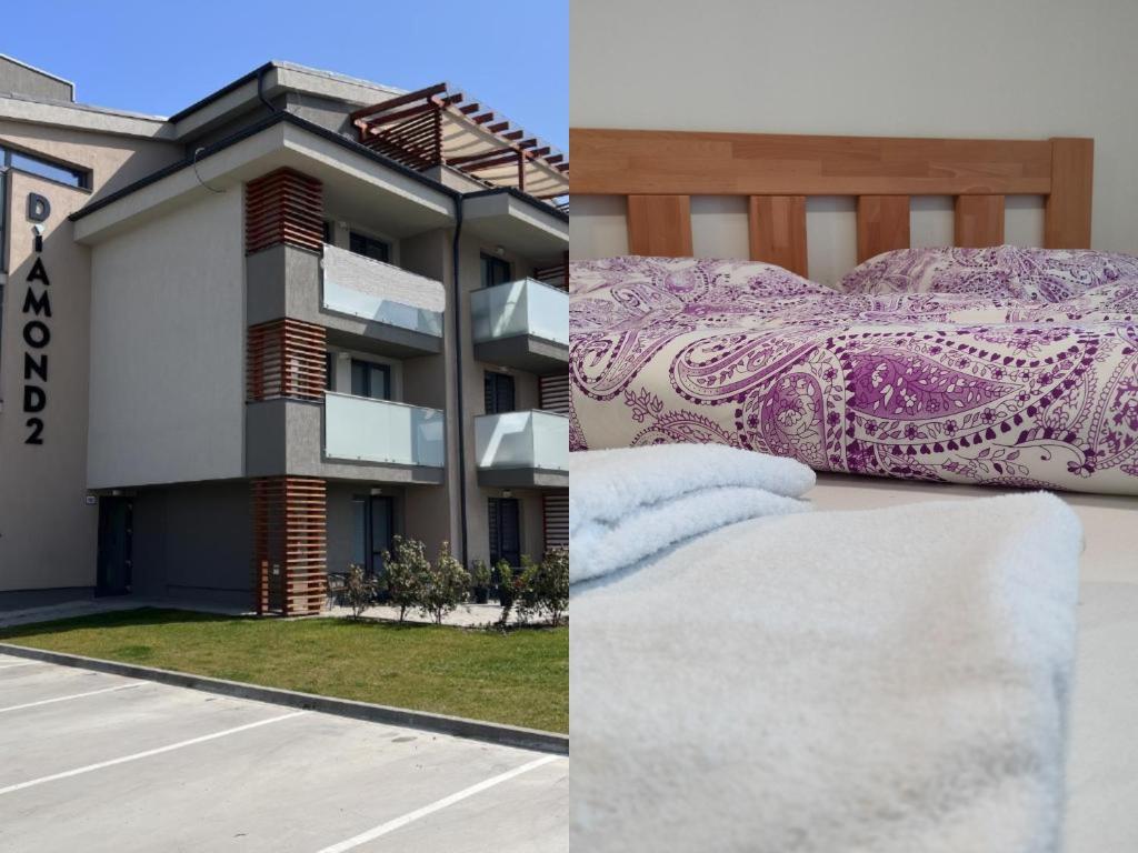 dos fotos de una cama y un edificio en Apartmán Paula 2, en Podhájska