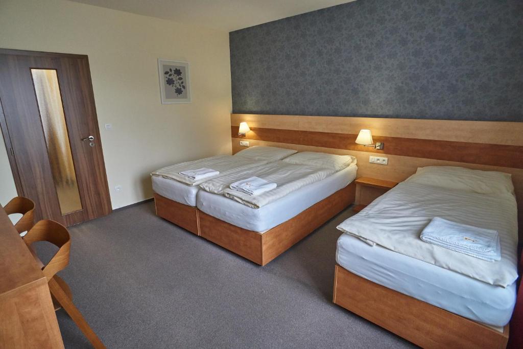 two beds in a hotel room with two beds sidx sidx sidx at Hotel Toč in Lipova Lazne