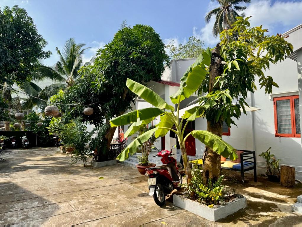 a scooter parked in the courtyard of a house at Eden House & Coffee Con Dao in Con Dao