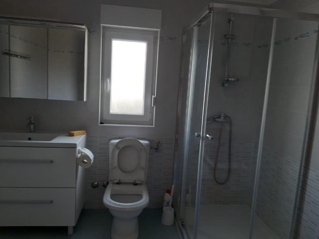 a bathroom with a shower and a toilet and a sink at Villa Julian & Juliana in Krk