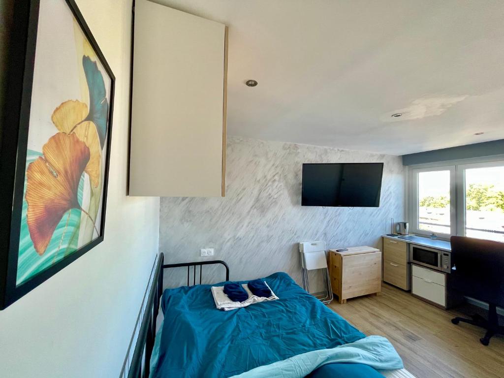 a bedroom with a bed and a tv on a wall at The Studio Wilson - Mulhouse Station in Mulhouse
