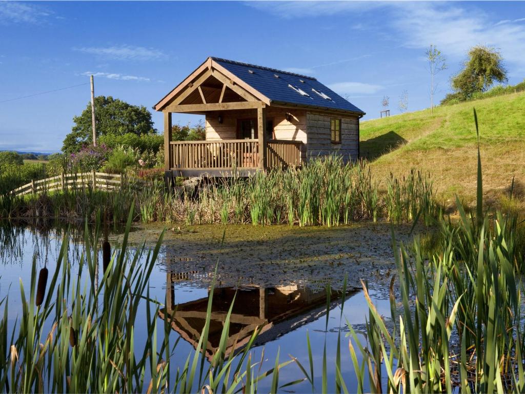 a cabin on a hill next to a pond at 1 Bed in Garth BN216 in Garth