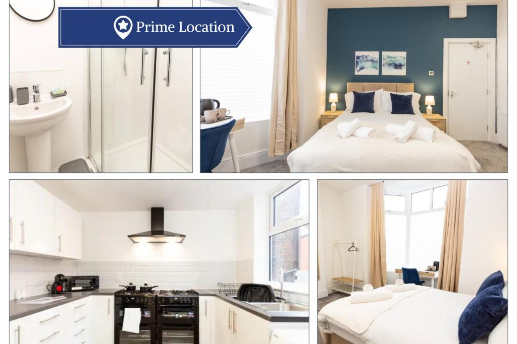 un collage de fotos de un dormitorio y un baño en Suite 1 - Lovely Ensuite in Oldham Sociable House en Oldham