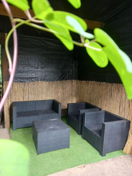two black benches sitting on top of green grass at Chalet - l&#39;Endoxyle in Froid-Chapelle