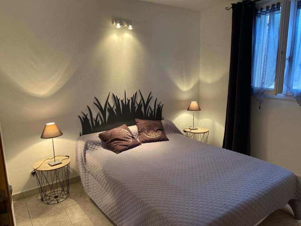 ein Schlafzimmer mit einem großen Bett mit zwei Lampen in der Unterkunft Appartement T2 Olmeto in Olmeto