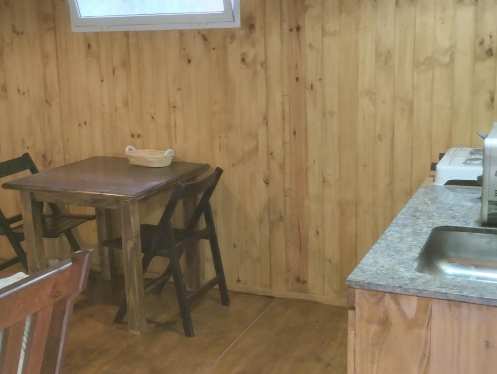 eine Küche mit einem kleinen Tisch und einem Waschbecken in der Unterkunft Cabaña Isla Coco in Tigre